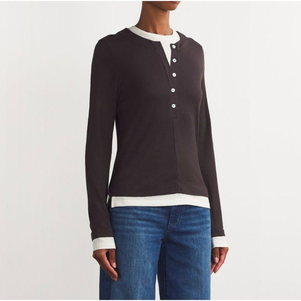 ME+EM Double Layer Long Sleeve Henley Top Navy Cream Wool Blend US Size 6